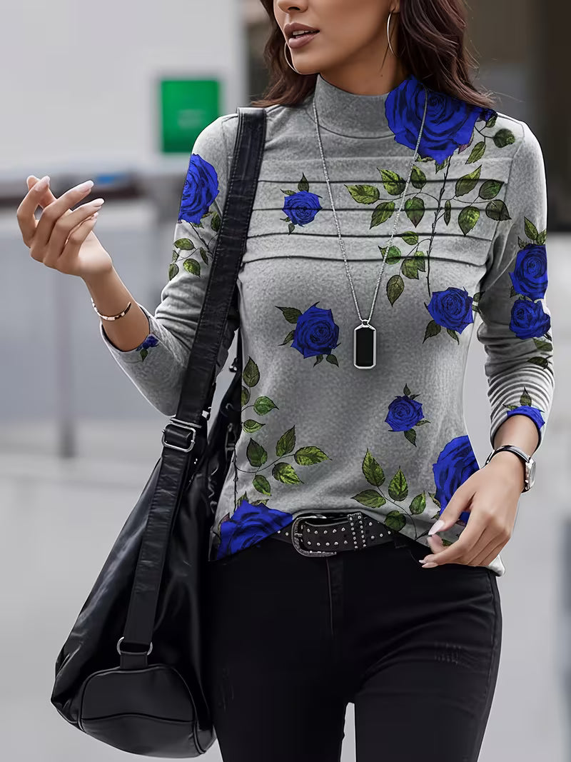 Top donna floreale in lana con collo alto e maniche tre quarti