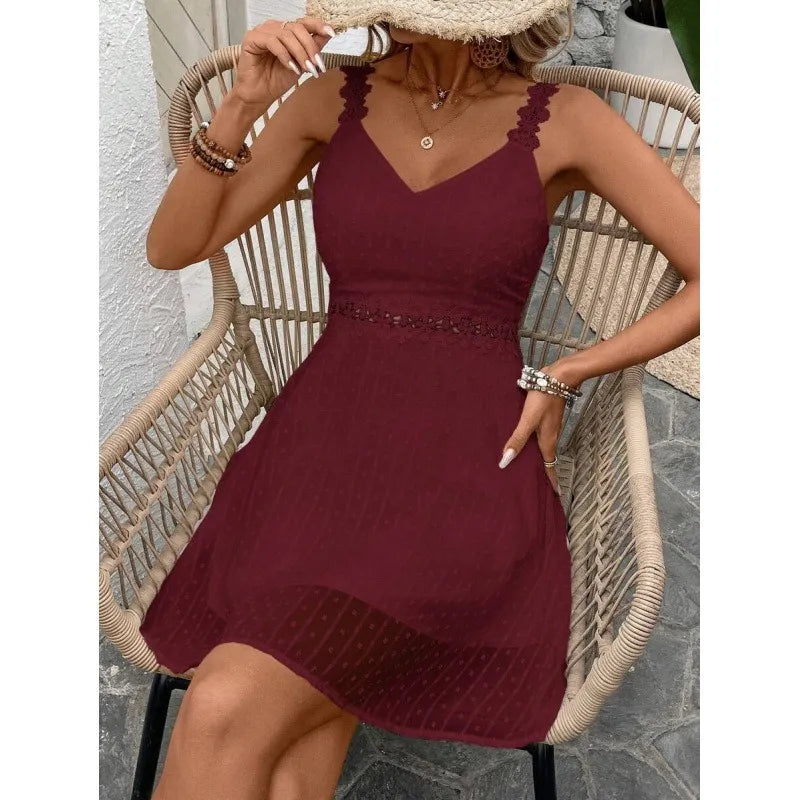 Abito mini donna plumetis con spalline in pizzo