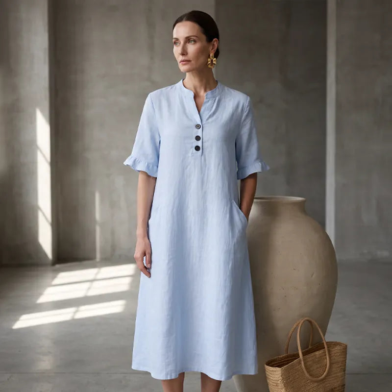 Abito donna midi in cotone lino con bottoni e tasche