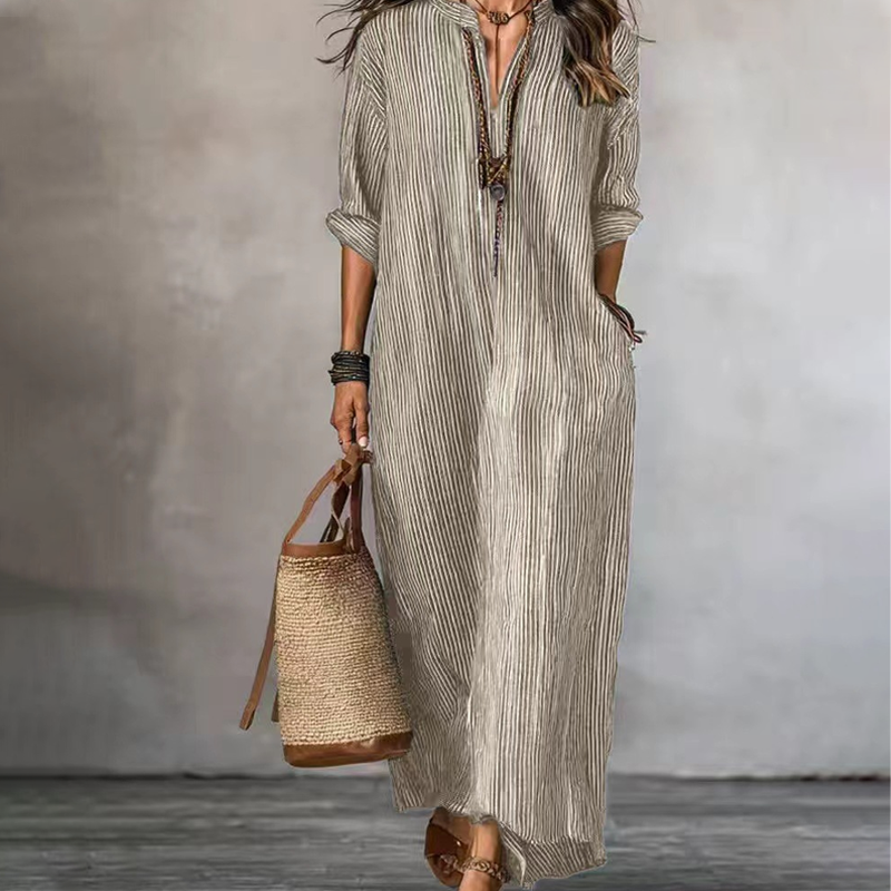 Abito maxi donna a righe con scollo a V e tasche