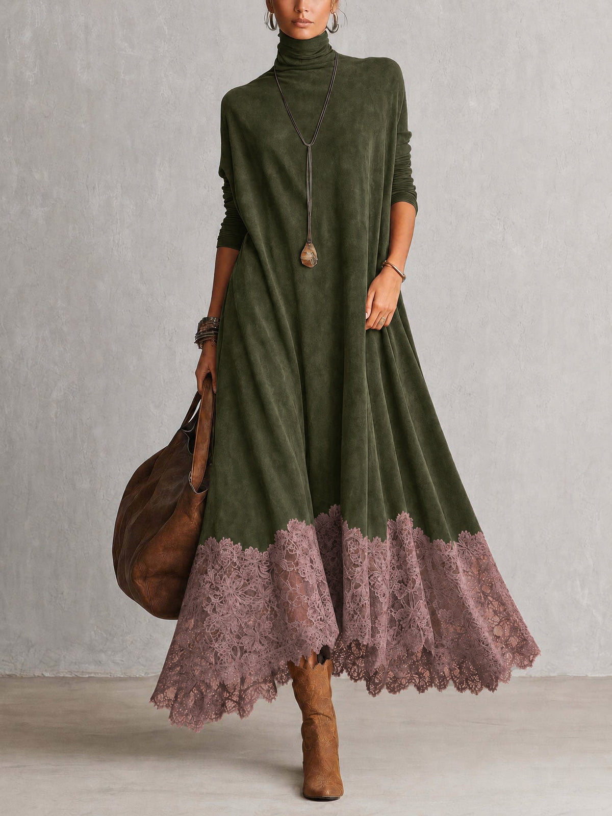 Abito maxi donna effetto suede con collo alto e bordo in pizzo