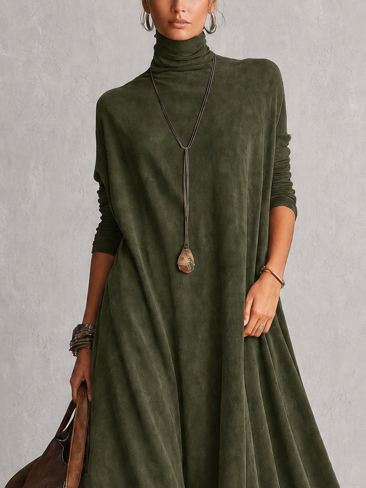 Abito maxi donna effetto suede con collo alto e bordo in pizzo