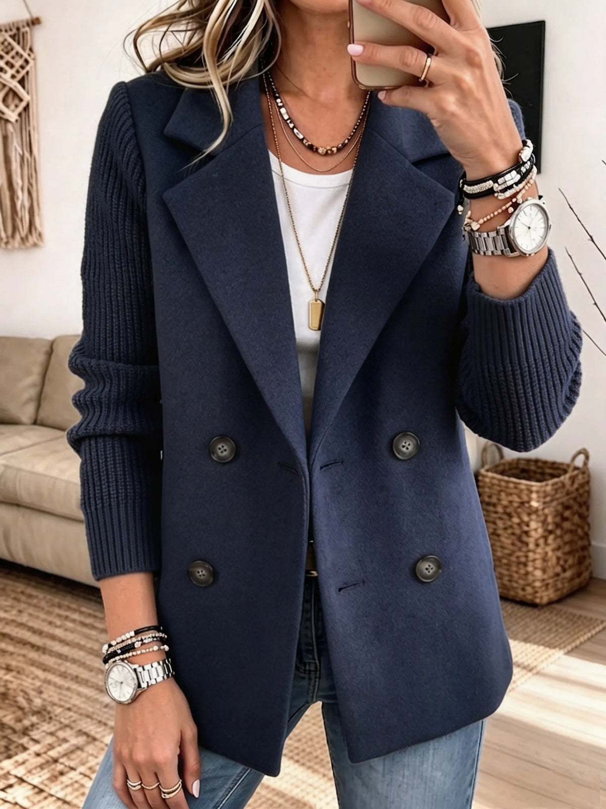 Giacca donna elegante con maniche in maglia a coste e bottoni