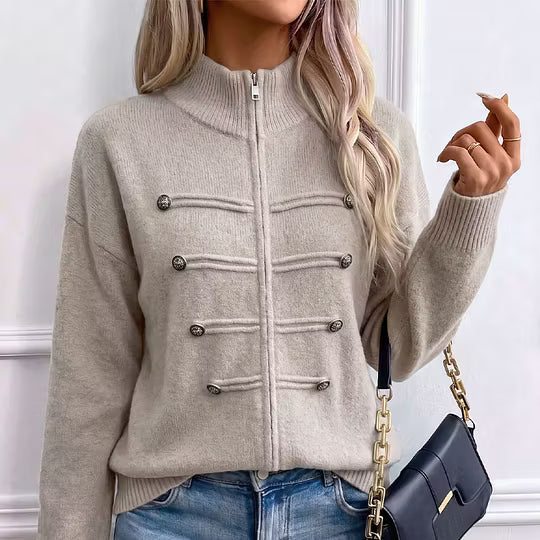 Cardigan donna in maglia con collo alto, zip e bottoni decorativi