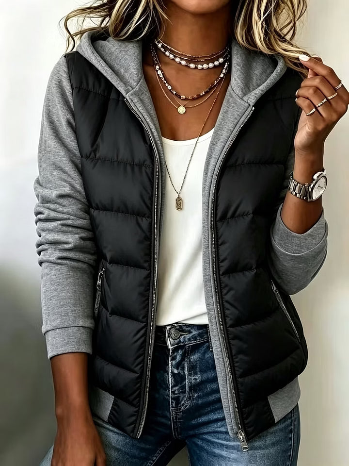 Giacca trapuntata donna bicolore con cappuccio e zip