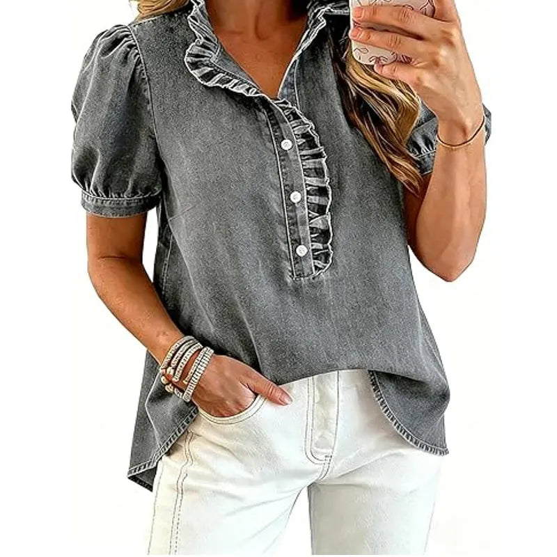 Top donna in denim con volant e maniche a sbuffo