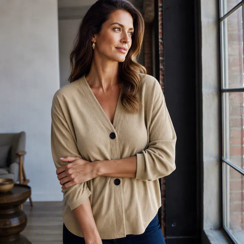 Cardigan donna a coste con scollo a V e bottoni