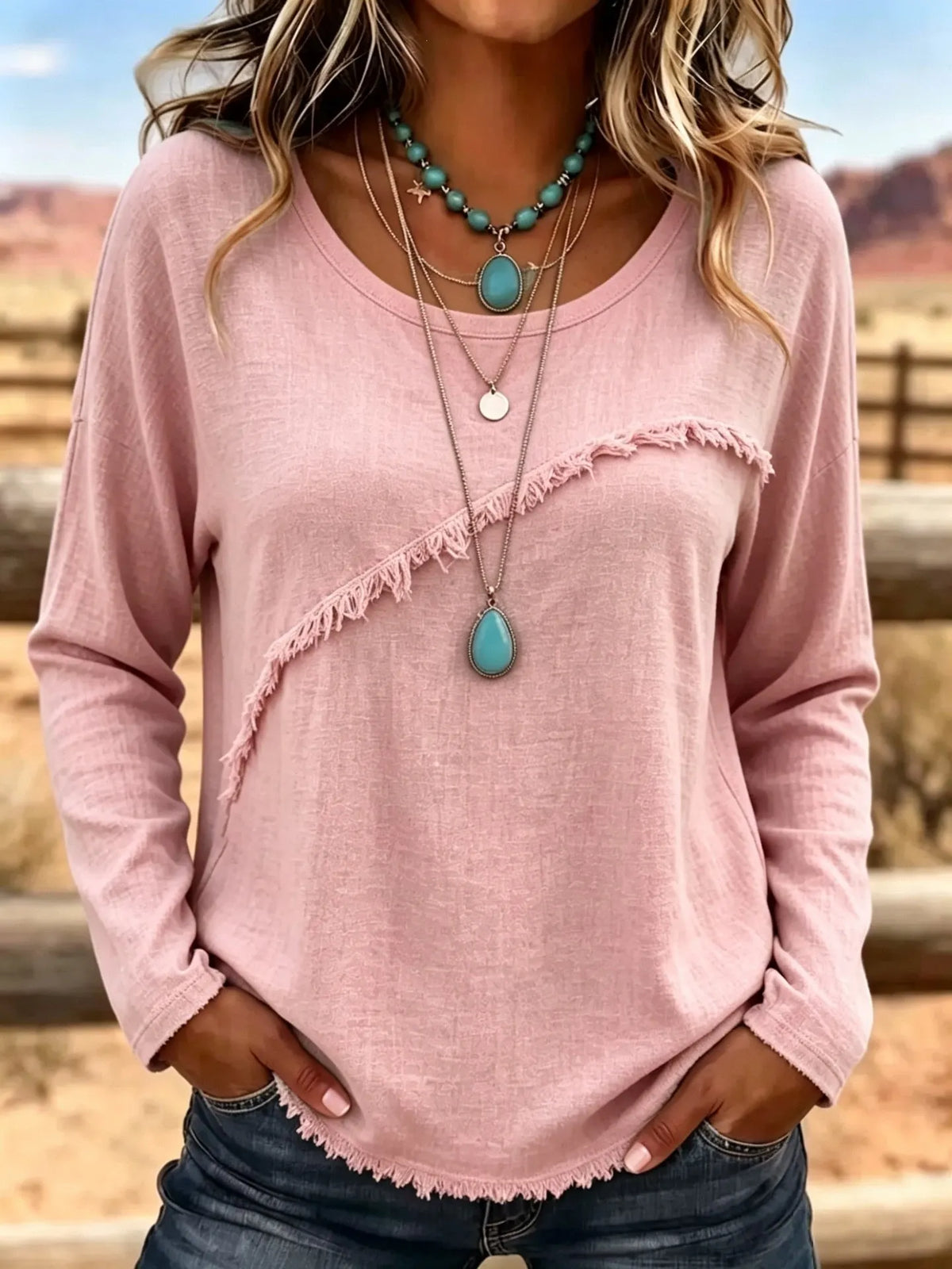 Blusa donna bohémien con frange e collo rotondo