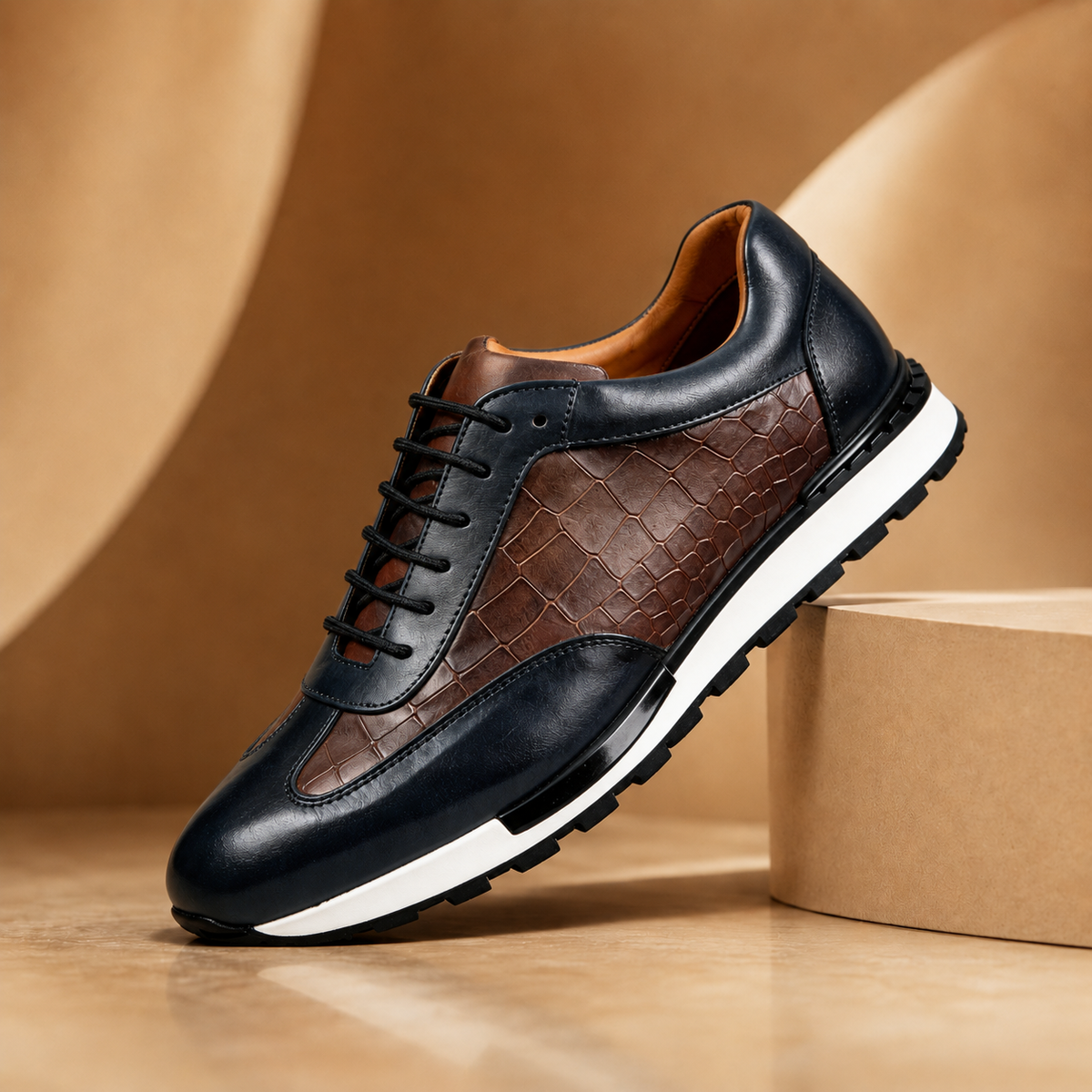 Sneakers uomo in pelle con texture effetto coccodrillo
