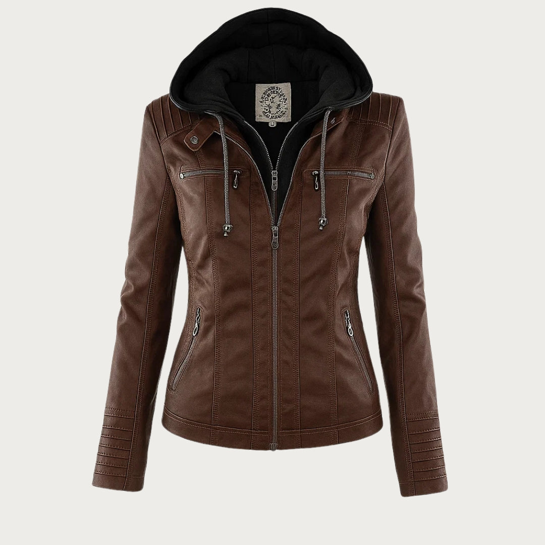 Giacca donna con cappuccio, zip e dettagli stile biker