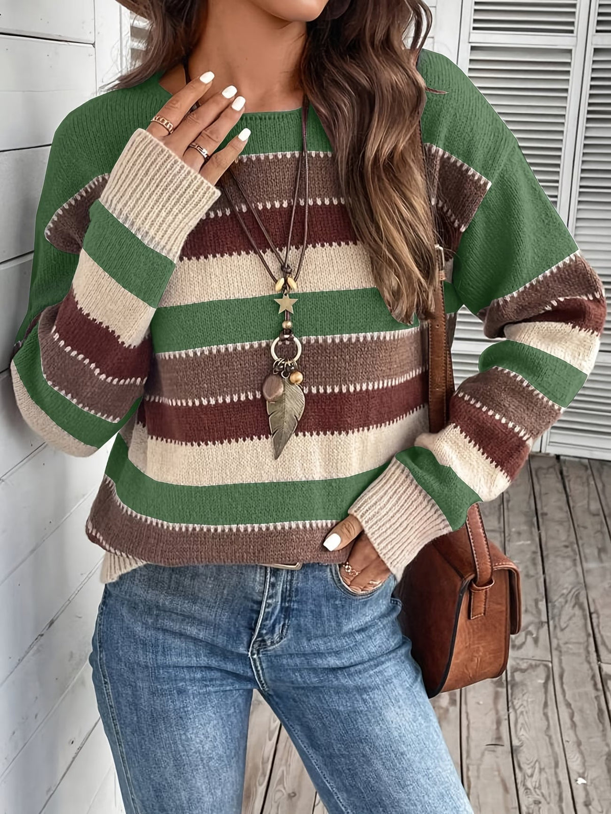 Maglione donna a righe colorblock con girocollo e maniche lunghe