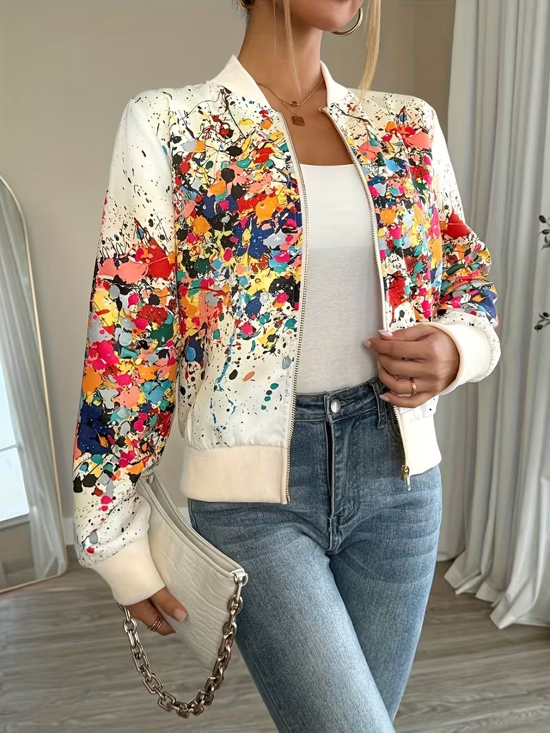 Giacca bomber donna stampata con zip e dettagli a contrasto