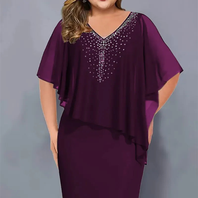 Abito midi donna elegante con strass e mantella in chiffon