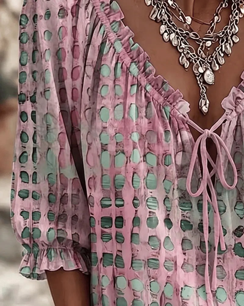 Blusa donna boho a pois con scollo a V e laccio
