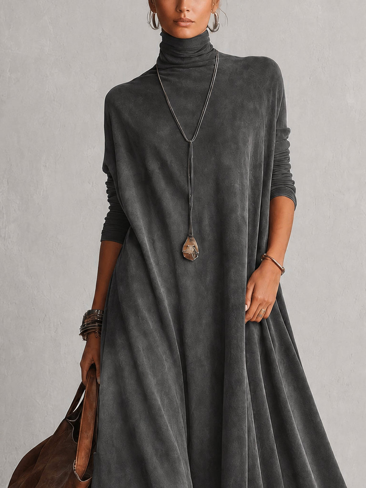 Abito maxi donna effetto suede con collo alto e bordo in pizzo