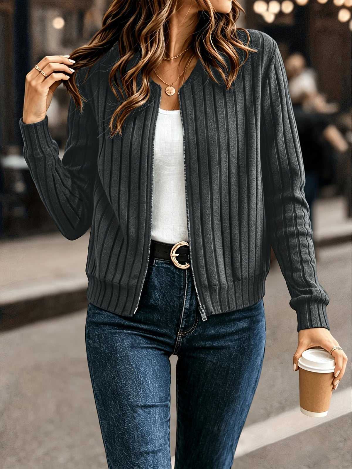 Cardigan donna a coste con zip frontale e maniche lunghe