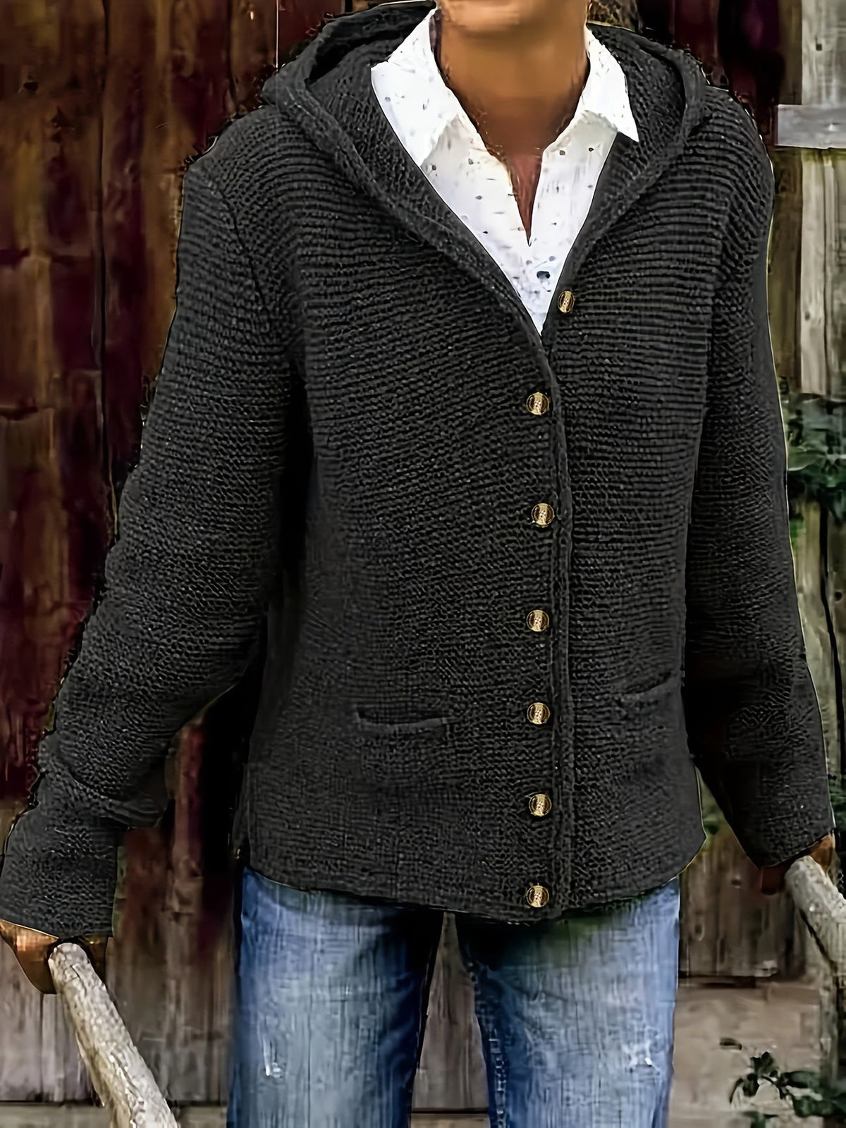 Cardigan donna in maglia spessa con cappuccio e bottoni