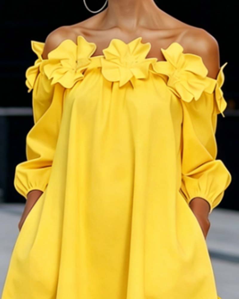 Abito donna spalle scoperte con fiori 3D