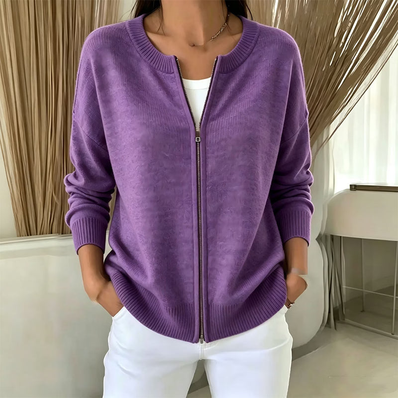 Cardigan donna in maglia con zip e collo rotondo