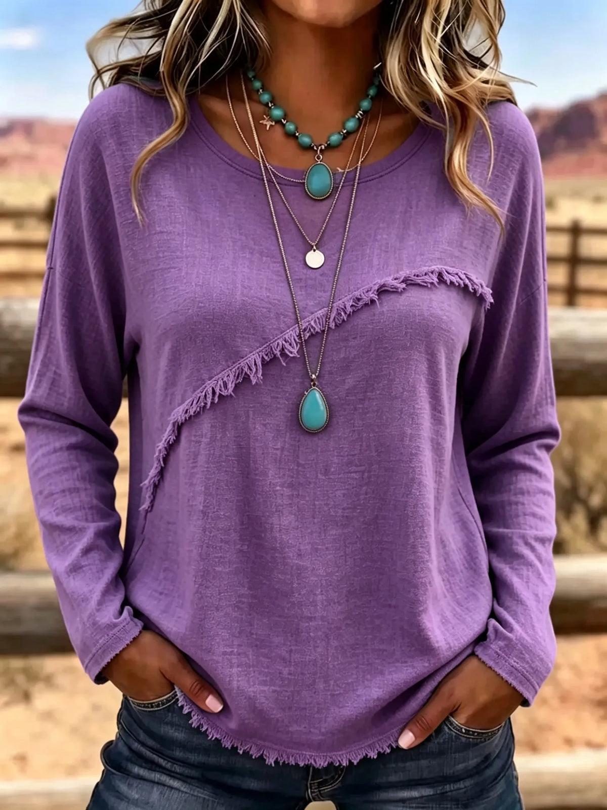 Blusa donna bohémien con frange e collo rotondo