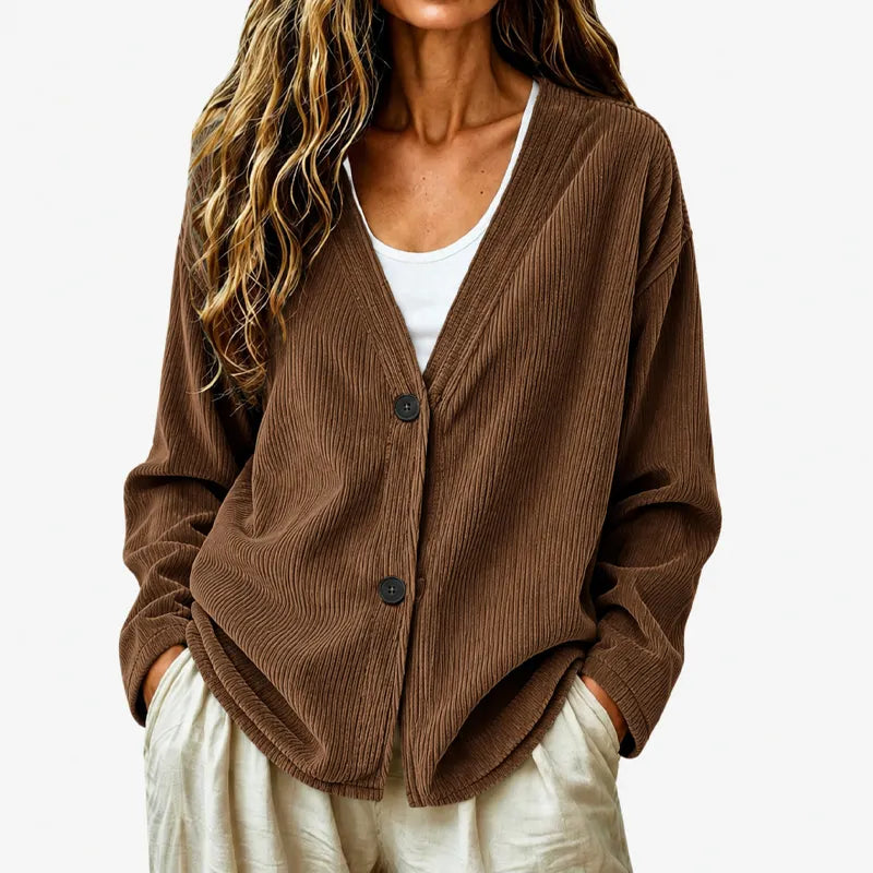 Cardigan donna a coste con scollo a V e bottoni
