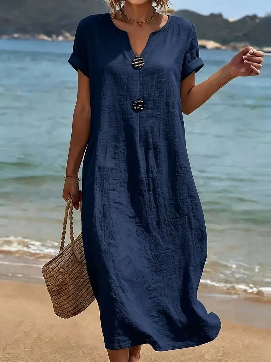 Abito lungo donna estivo con collo a V e bottoni decorativi