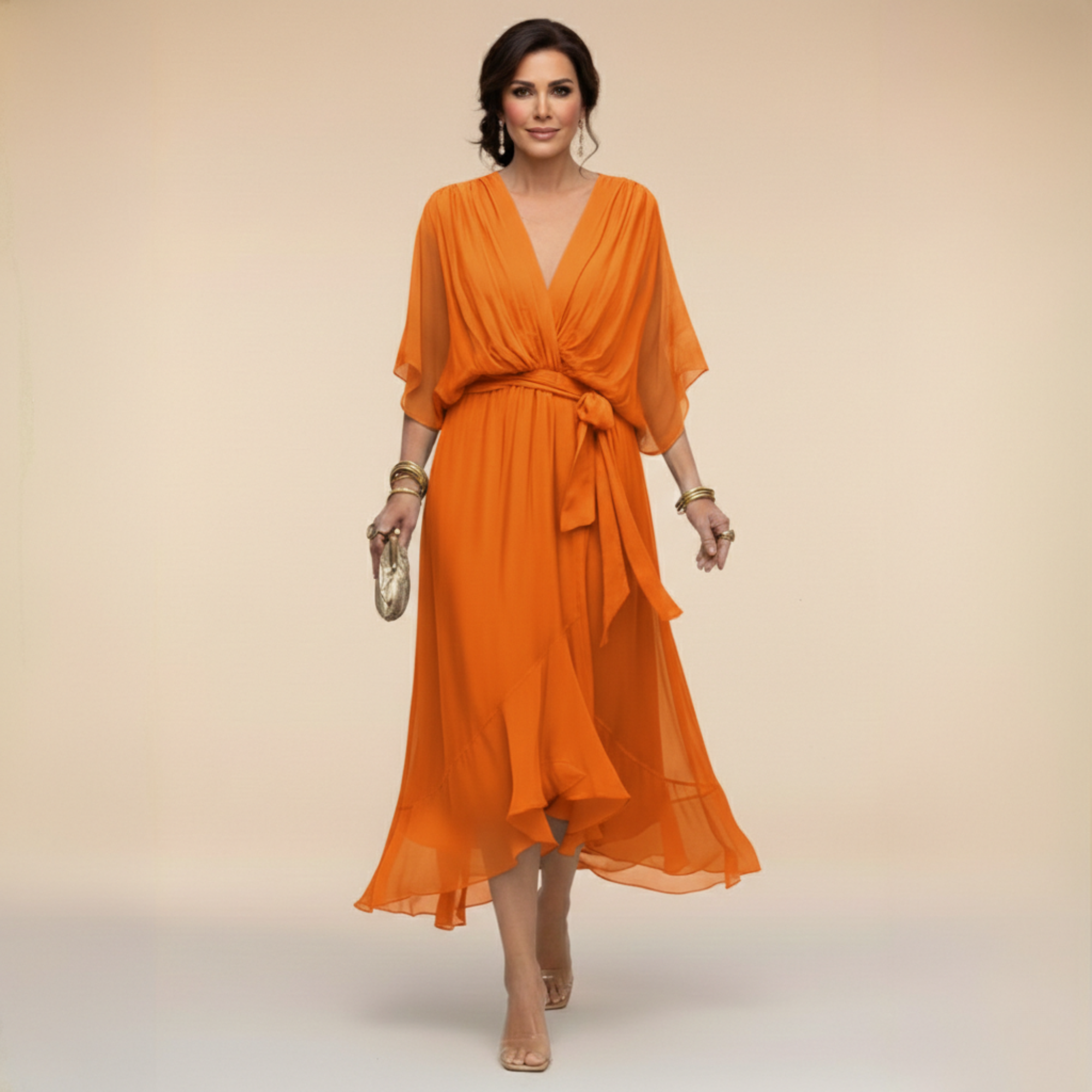 Abito midi da donna elegante in chiffon con scollo a V