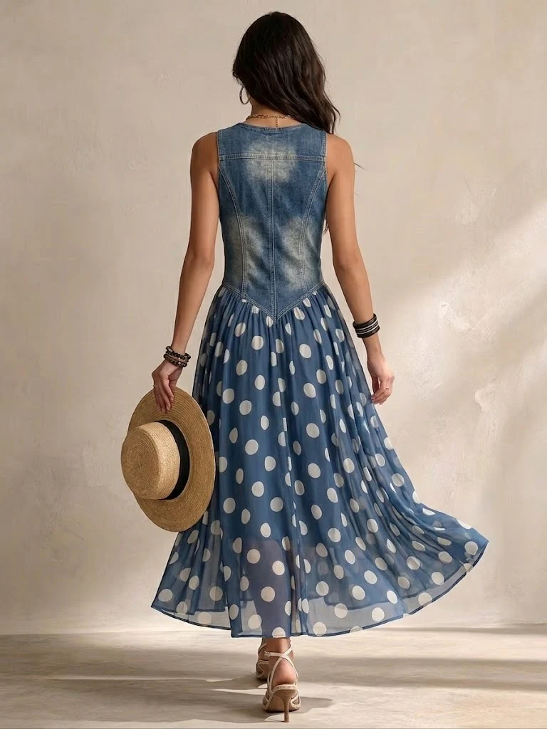 Abito lungo donna senza maniche con corpetto denim e gonna a pois