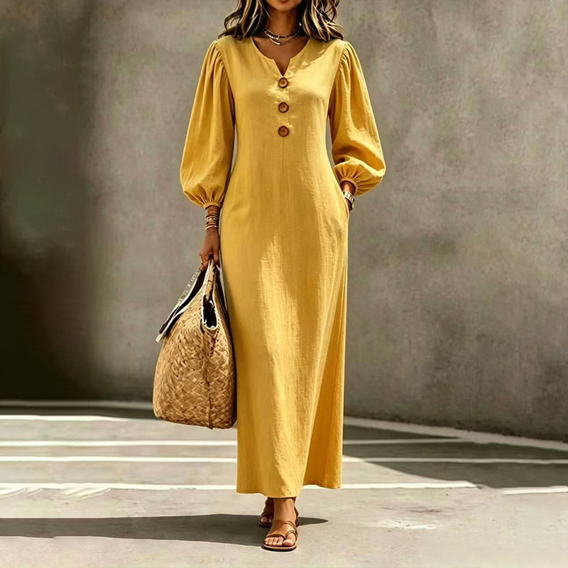 Abito maxi donna con scollo a V e maniche a sbuffo
