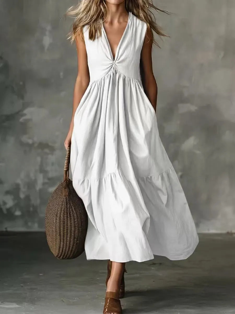 Abito midi donna senza maniche con scollo a V e tasche