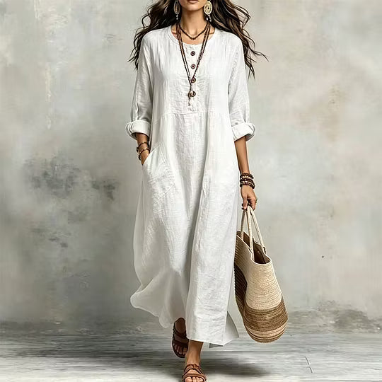 Abito maxi donna fluido con bottoni frontali e tasche