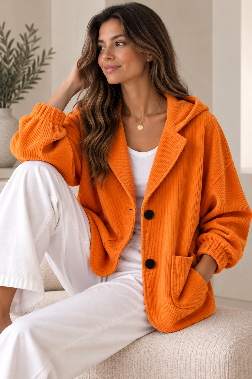 Giacca donna oversize in velluto a coste con cappuccio