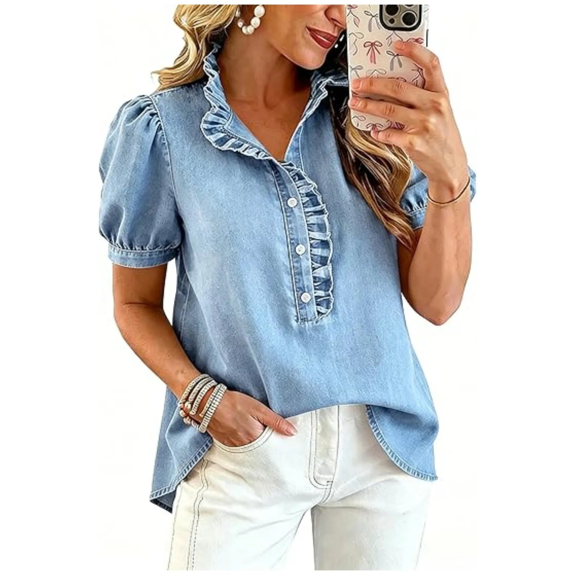 Top donna in denim con volant e maniche a sbuffo