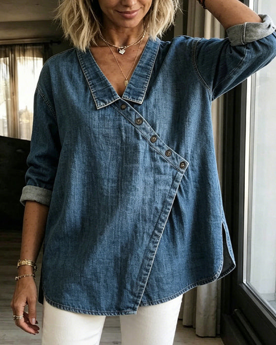 Blusa donna effetto denim con bottoni diagonali