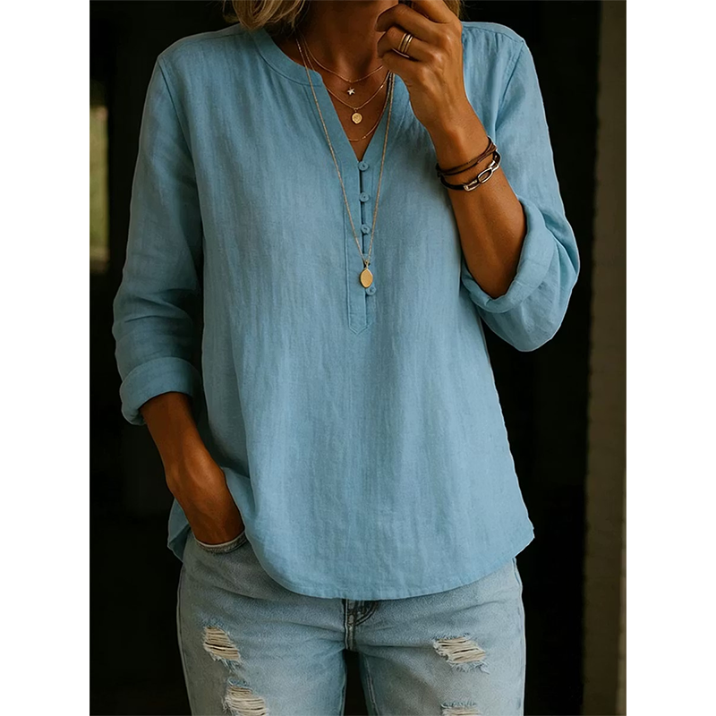 Camicia donna ampia con collo a V e bottoni