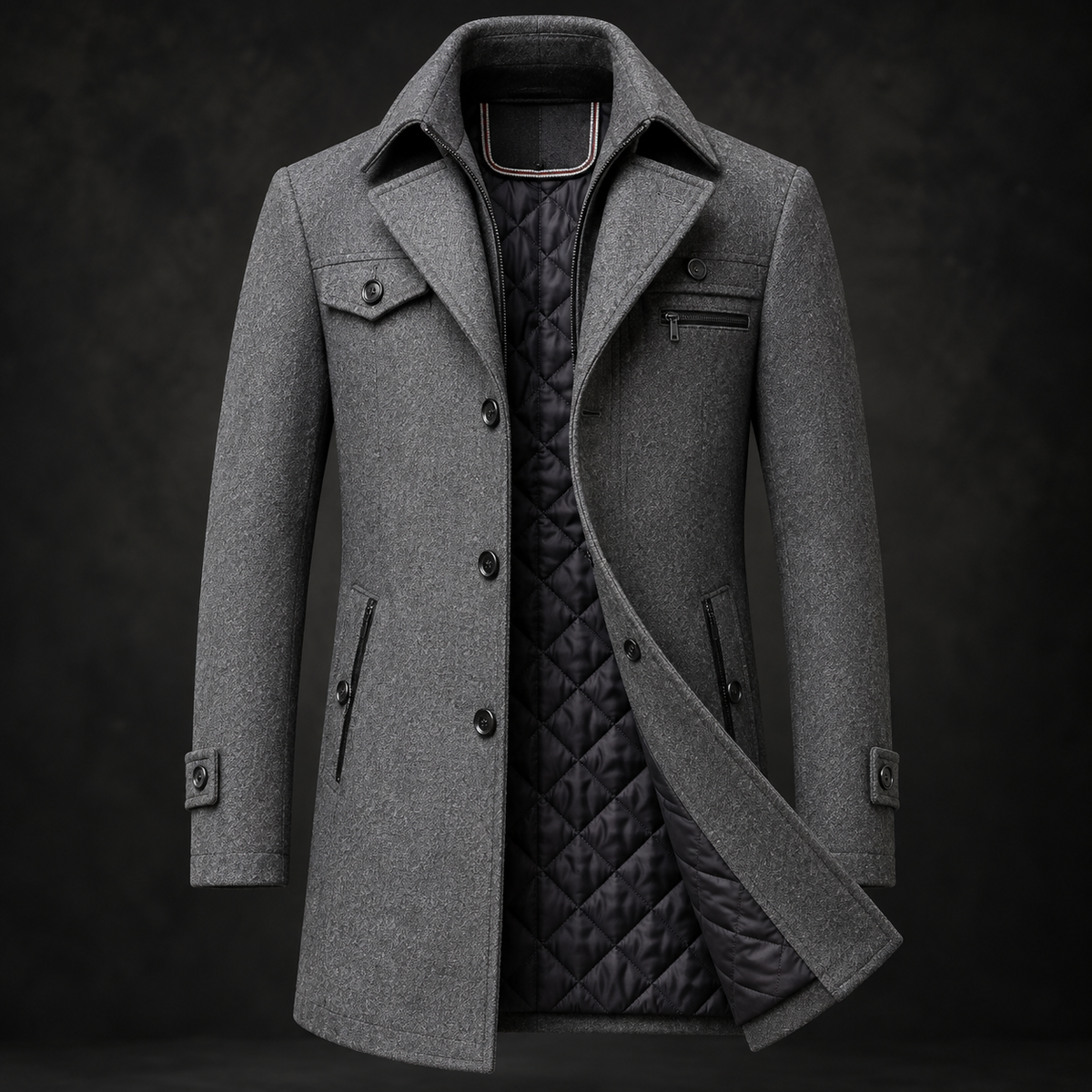 Cappotto uomo in lana con colletto alto e fodera trapuntata
