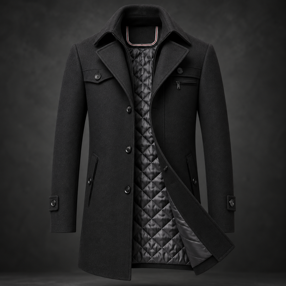 Cappotto uomo in lana con colletto alto e fodera trapuntata