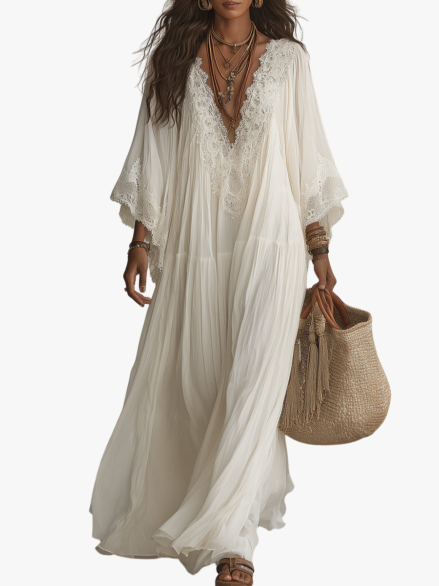 Abito maxi donna boho con scollo a V e dettagli in pizzo