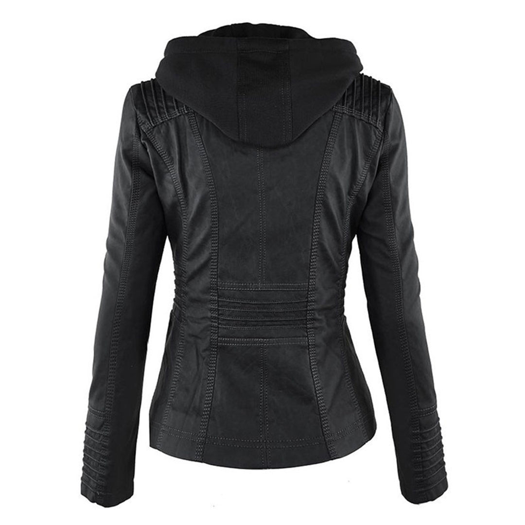 Giacca donna con cappuccio, zip e dettagli stile biker
