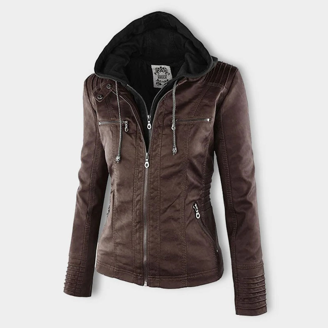 Giacca donna con cappuccio, zip e dettagli stile biker