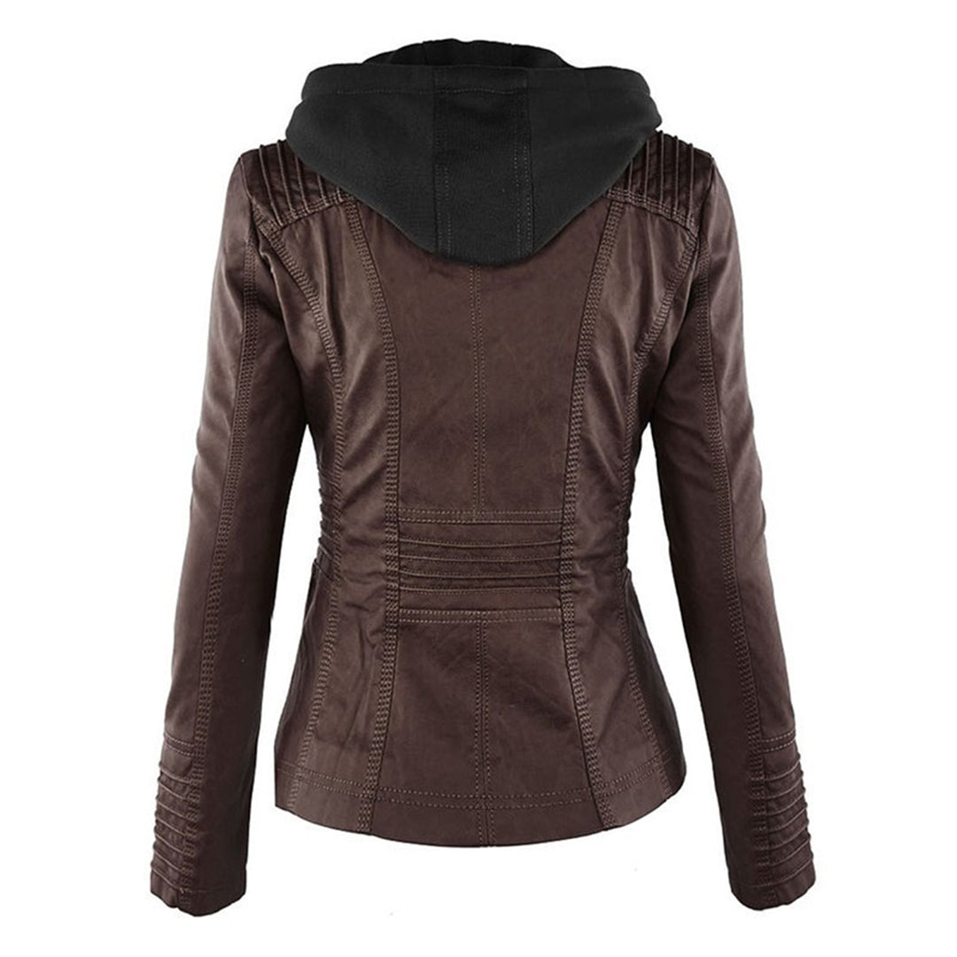 Giacca donna con cappuccio, zip e dettagli stile biker