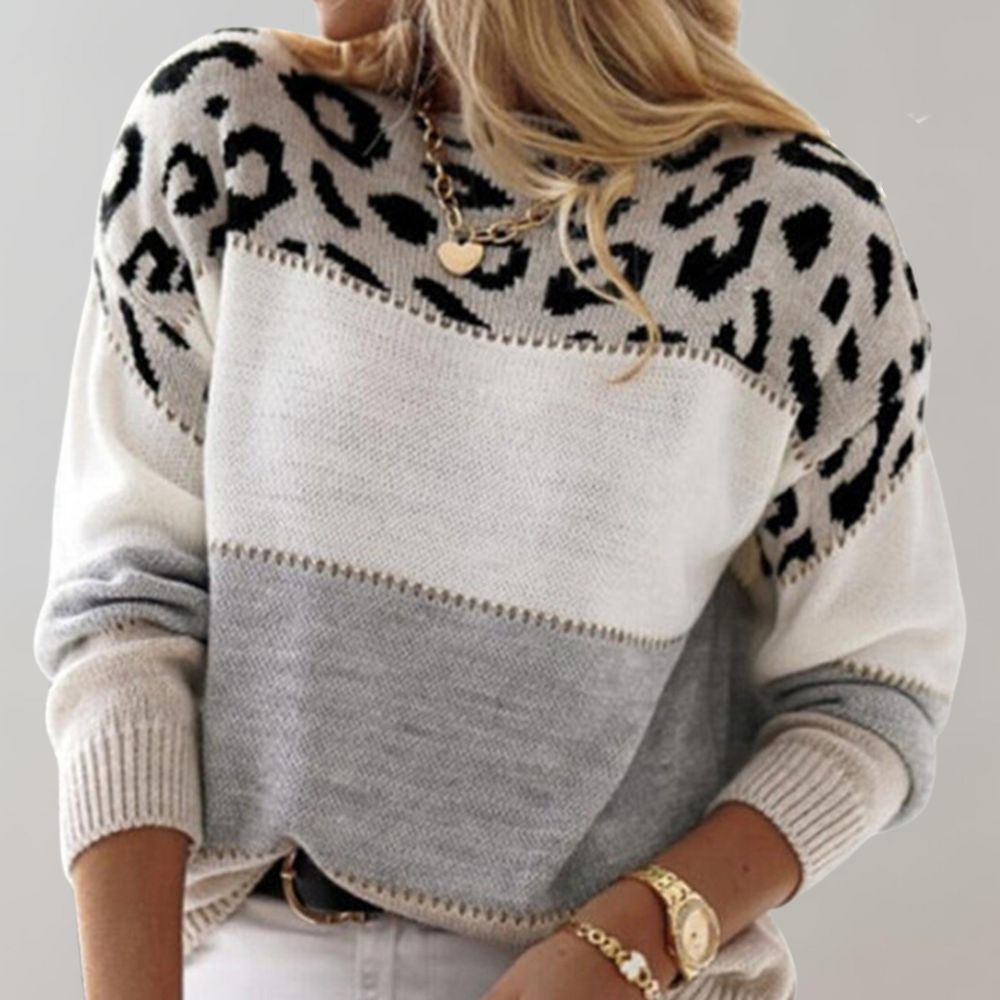 Maglione donna leopardato color-block con maniche lunghe