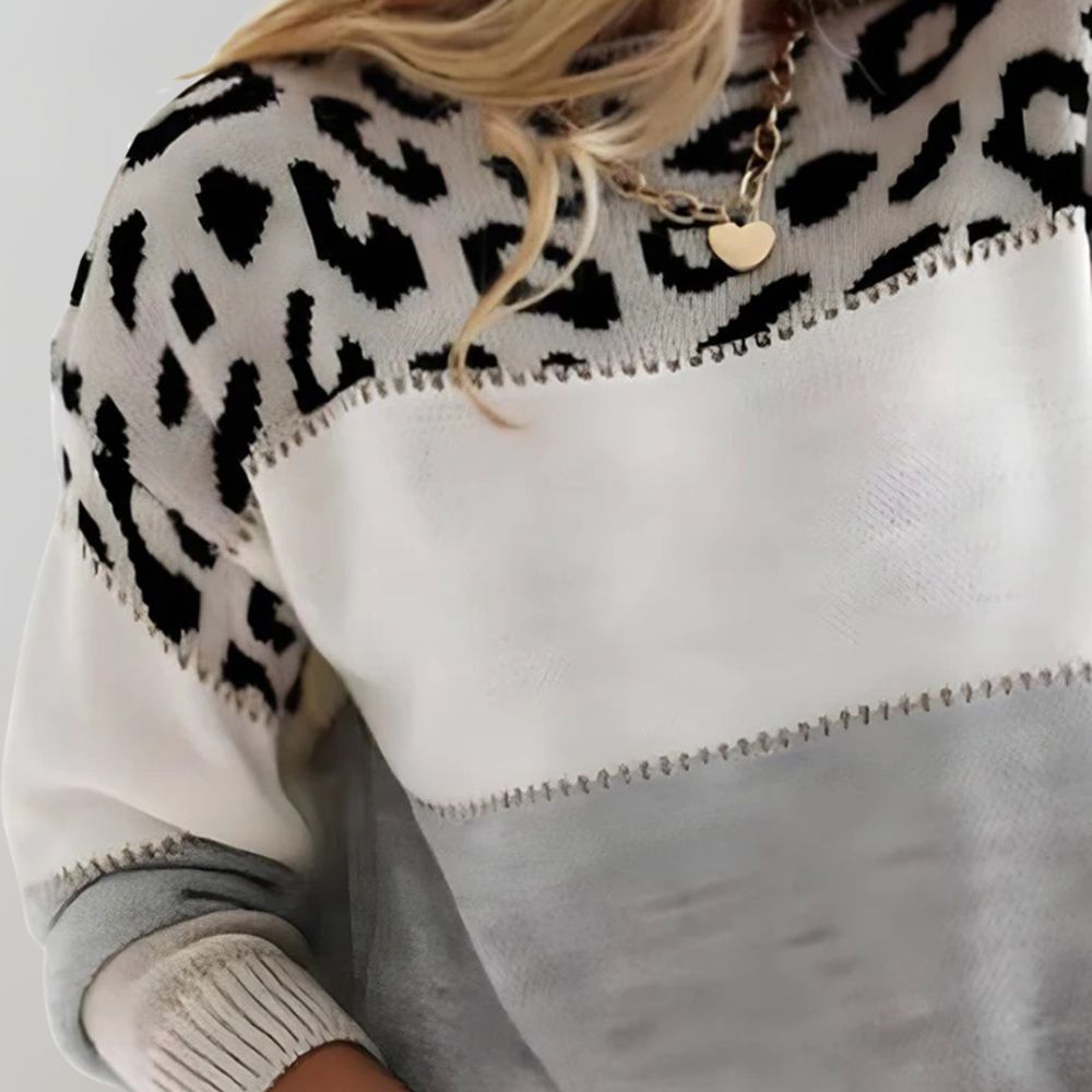 Maglione donna leopardato color-block con maniche lunghe