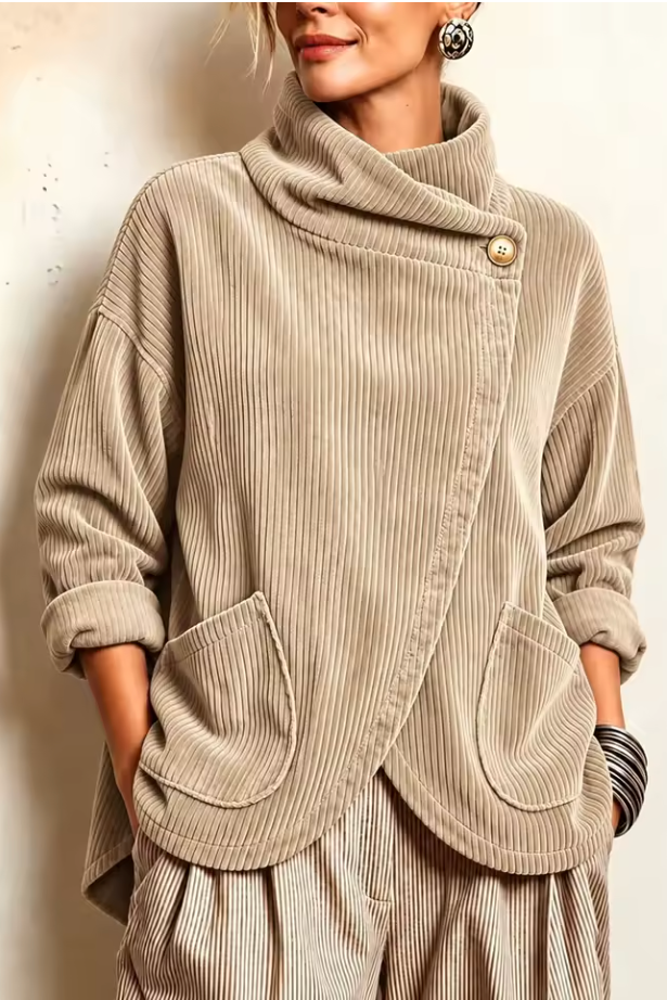 Maglione donna in velluto a coste con collo alto asimmetrico