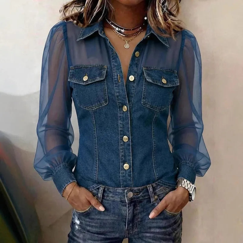Camicia donna in denim con maniche trasparenti