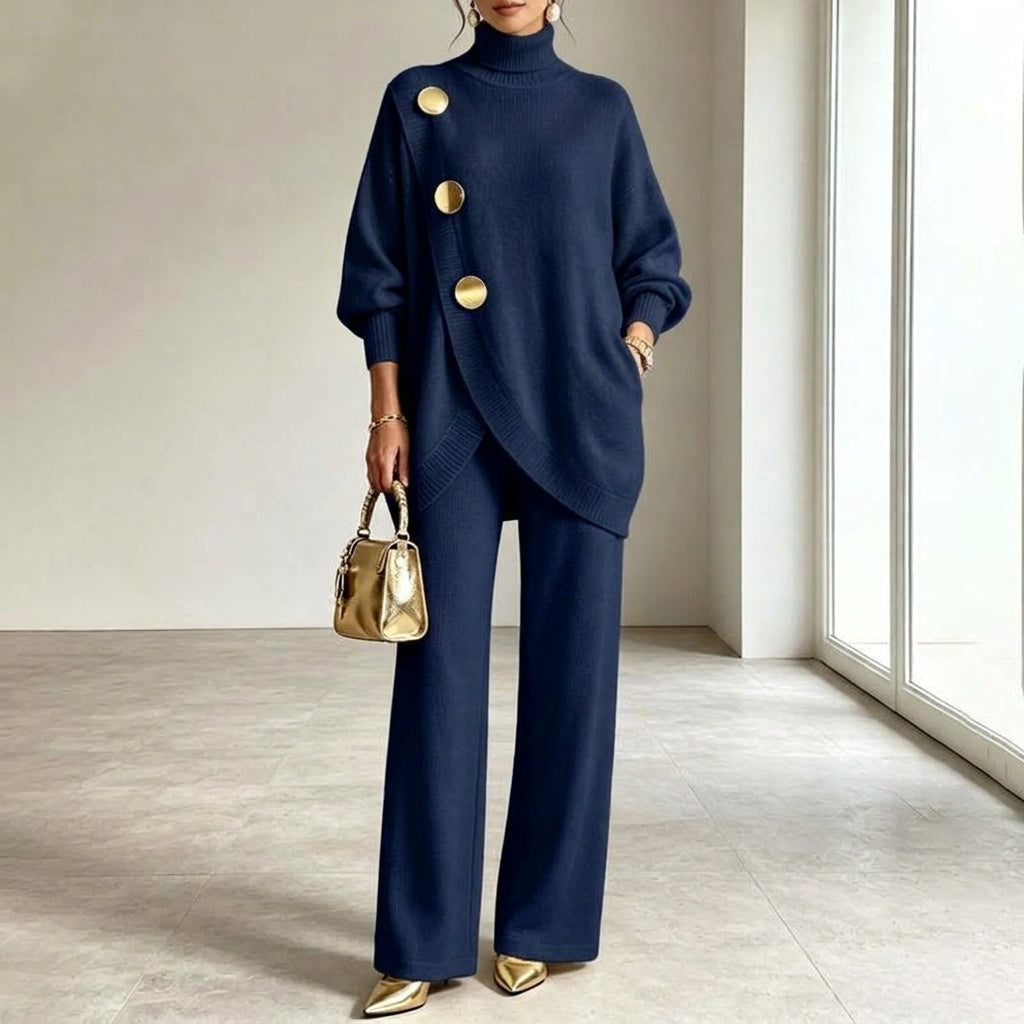 Completo donna in maglia con top asimmetrico e pantaloni palazzo