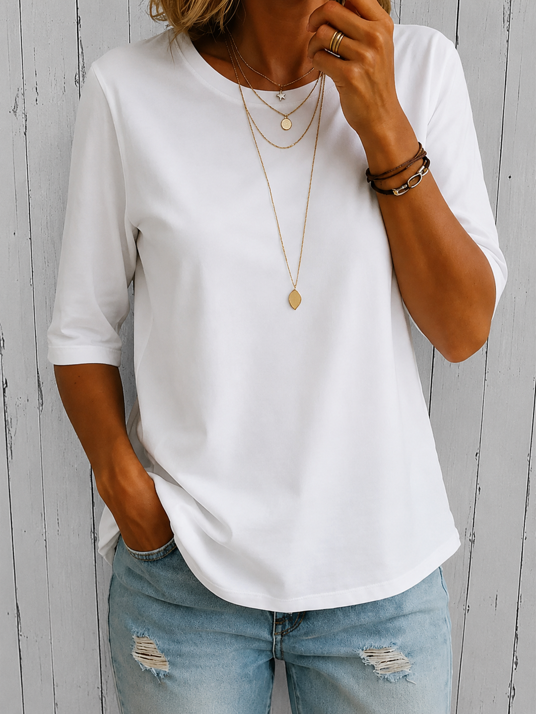 T-shirt da donna in poliestere con maniche a tre quarti