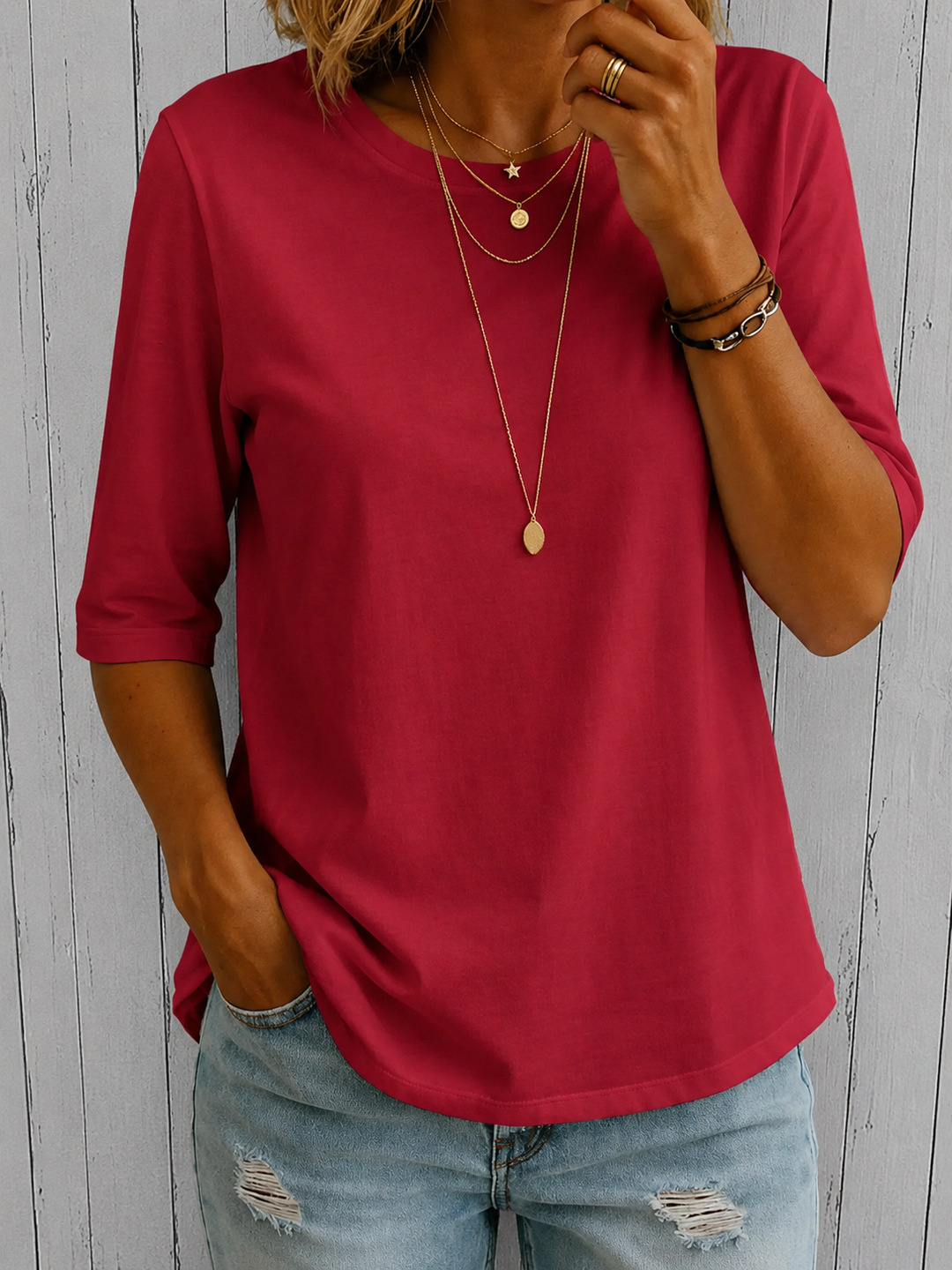 T-shirt da donna in poliestere con maniche a tre quarti
