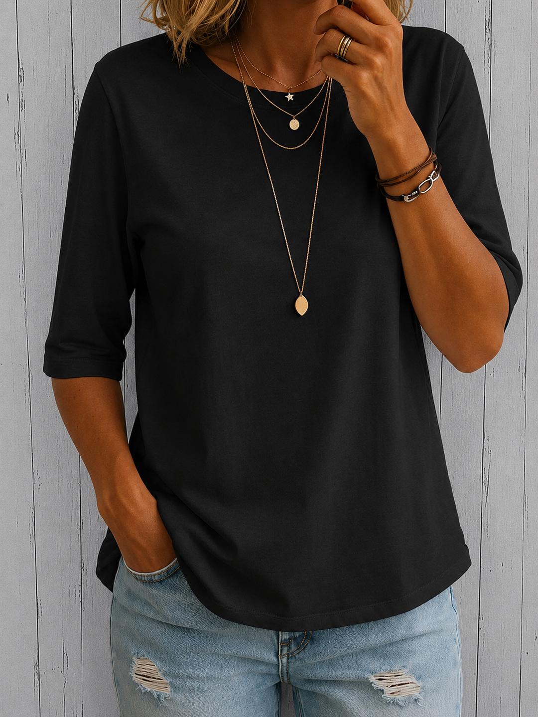 T-shirt da donna in poliestere con maniche a tre quarti