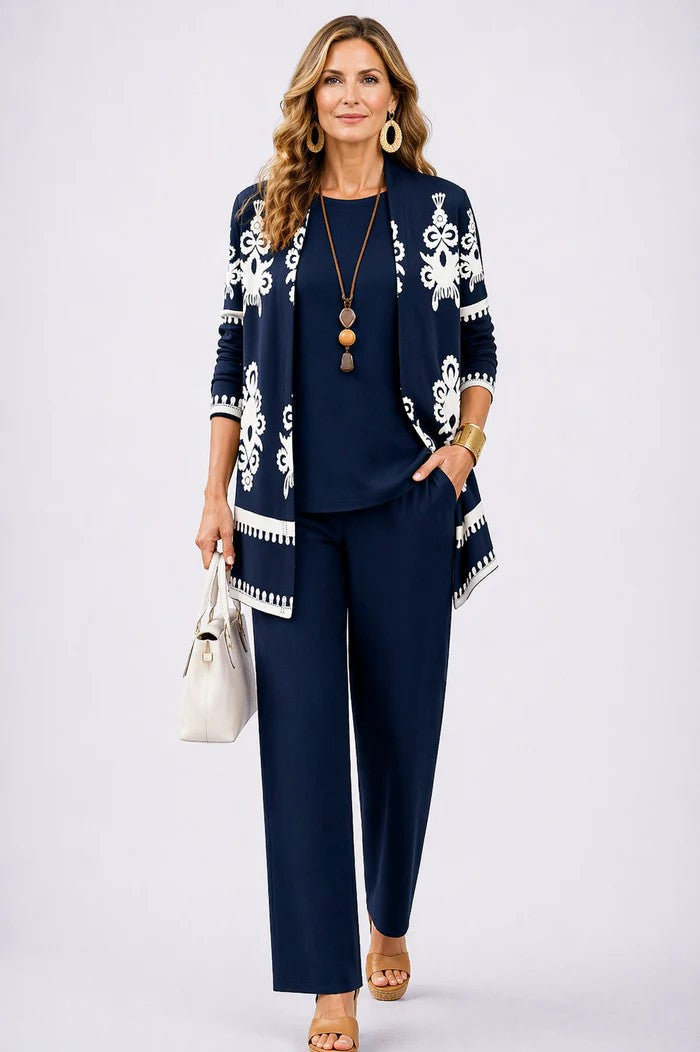 Completo donna tre pezzi con cardigan stampato
